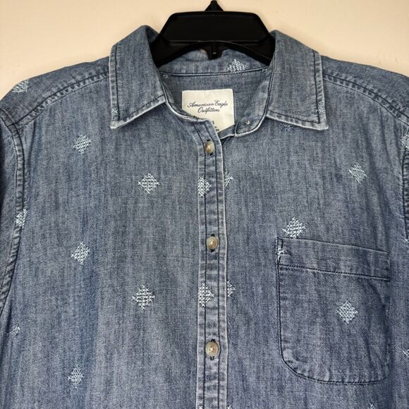 AMERICAN EAGLE women's size XL chambray embroidered button denim top shirt - Picture 2 of 8
